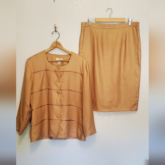 Paola Conte 100% Linen Tan Skirtsuit Jacket & Matching Skirt Set Size 16 - Picture 1 of 6